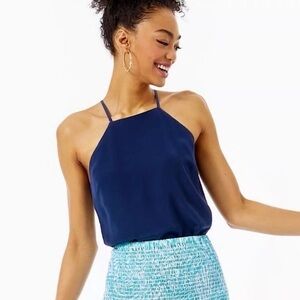 Lilly Pulitzer 100% Silk New With Tags Navy Blue Halter Sleeveless Top - Small